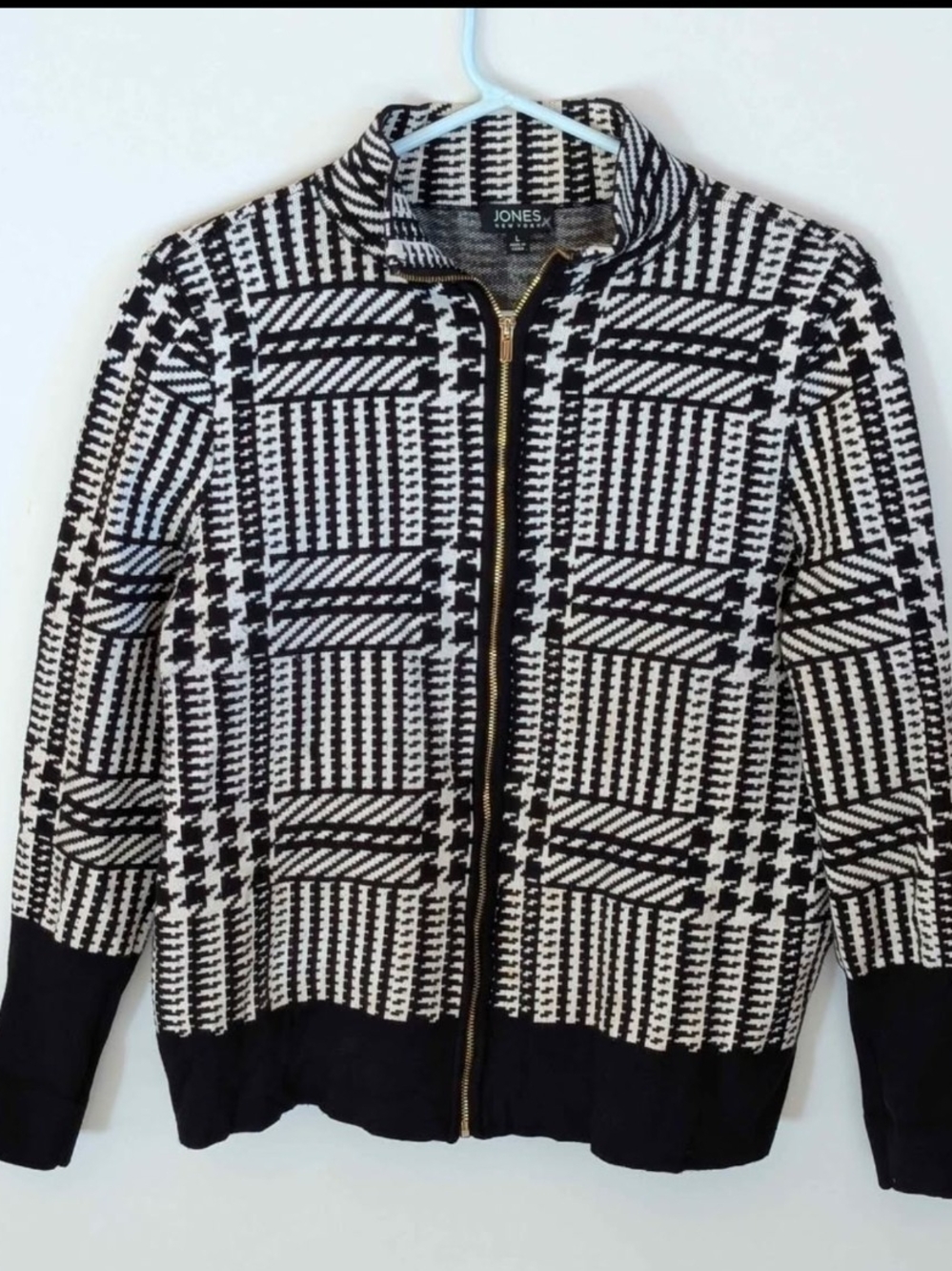 Jones New York Black White Houndstooth Zip Up Cardigan Sweater Jacket Women's